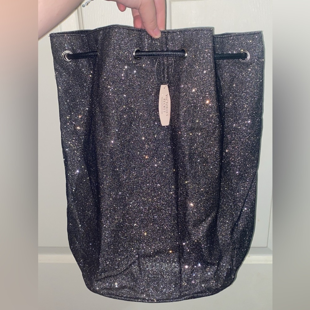 Victoria Secret Black Glitter Drawstring Bag NWT